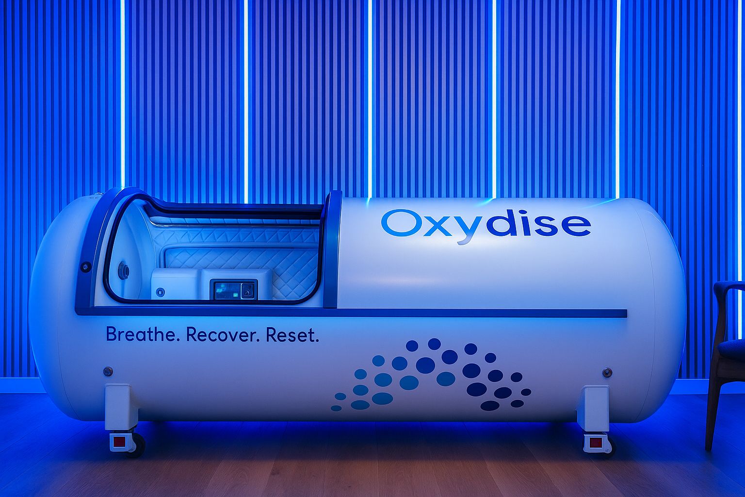 Oxydise hyperbaric oxygen chamber in a blue-lit recovery setting